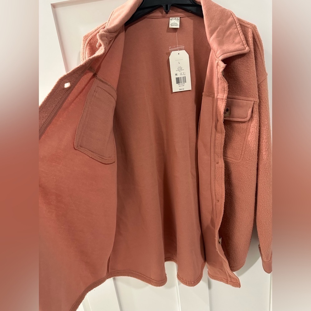 NWT Wonderly Fuzzy button down Shacket in Dull Rose, size L, brand new, pink - Picture 8 of 10
